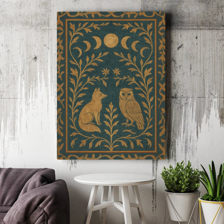 Fox and Owl Wall Art | Celestial Moon Phases Design | Premium Gallery-Wrap Canvas | Mystical Woodland Home Decor Gift