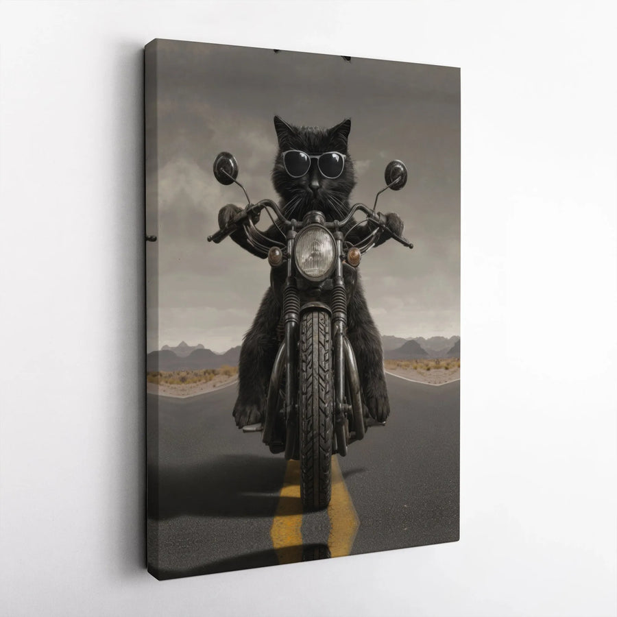 Black Cat on Motorcycle Canvas Wall Art | Cool Biker Kitty Print | Premium Gallery Wrap Decor | Unique Gift for Cat Lovers & Motorcycle Riders
