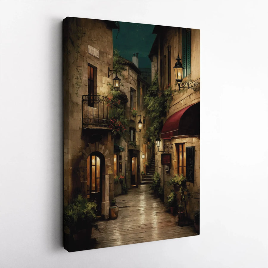 French Alleyway Canvas Art | Cozy European Street Night Painting | 1.25-Inch Gallery Wrap | Premium Home Decor Wall Print