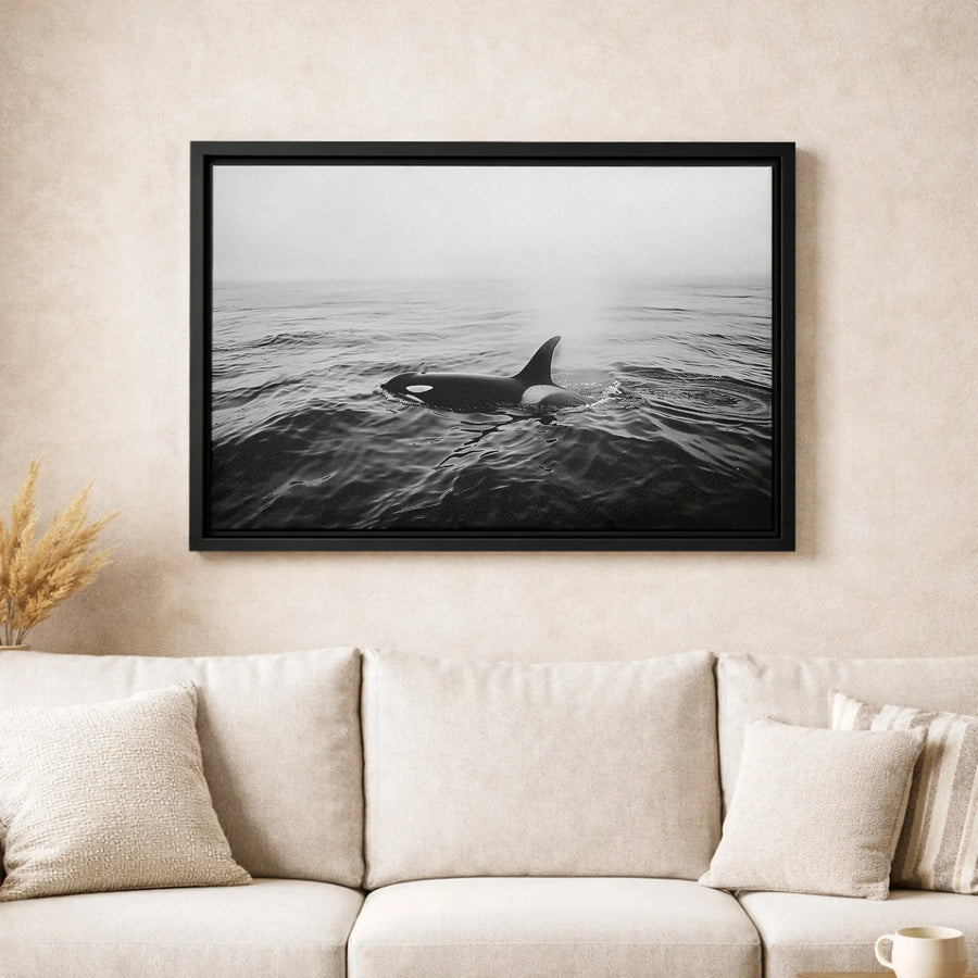 Orca Whale Canvas Wall Art | Moody Black and White Foggy Ocean Print | Premium Gallery-Wrapped Decor | Nature Wildlife Home Office Gift