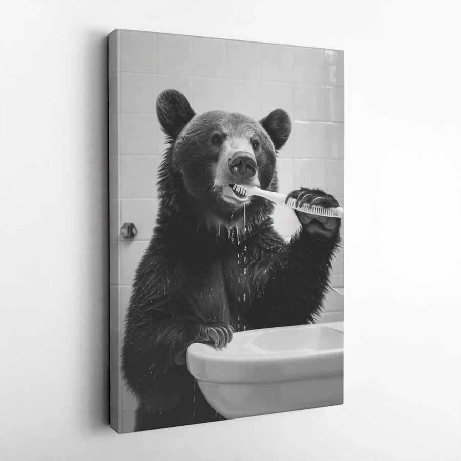 Bear Brushing Teeth Canvas Art | Funny Bathroom Wall Decor | 1.25 Inch Gallery Wrap | Whimsical Animal Portrait for Kids or Guest Bathroom