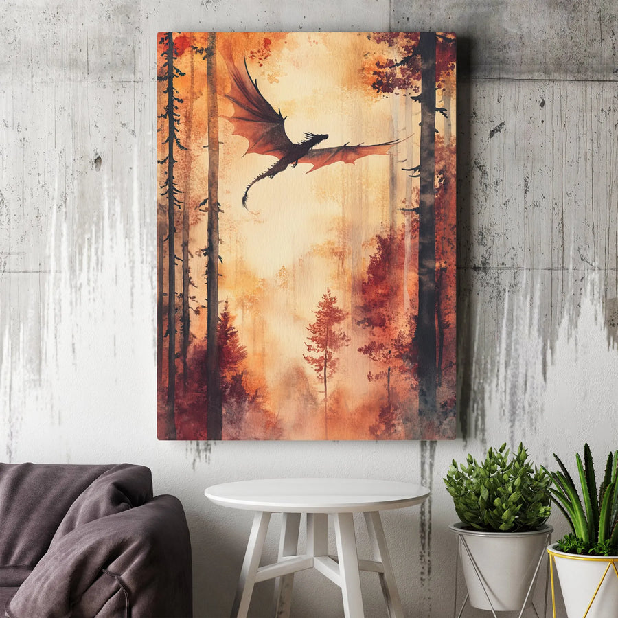 Dragon Canvas Wall Art | Watercolor Fantasy Autumn Forest Print | Premium Gallery Wrap Decor | Magical Gift for Fantasy Lovers