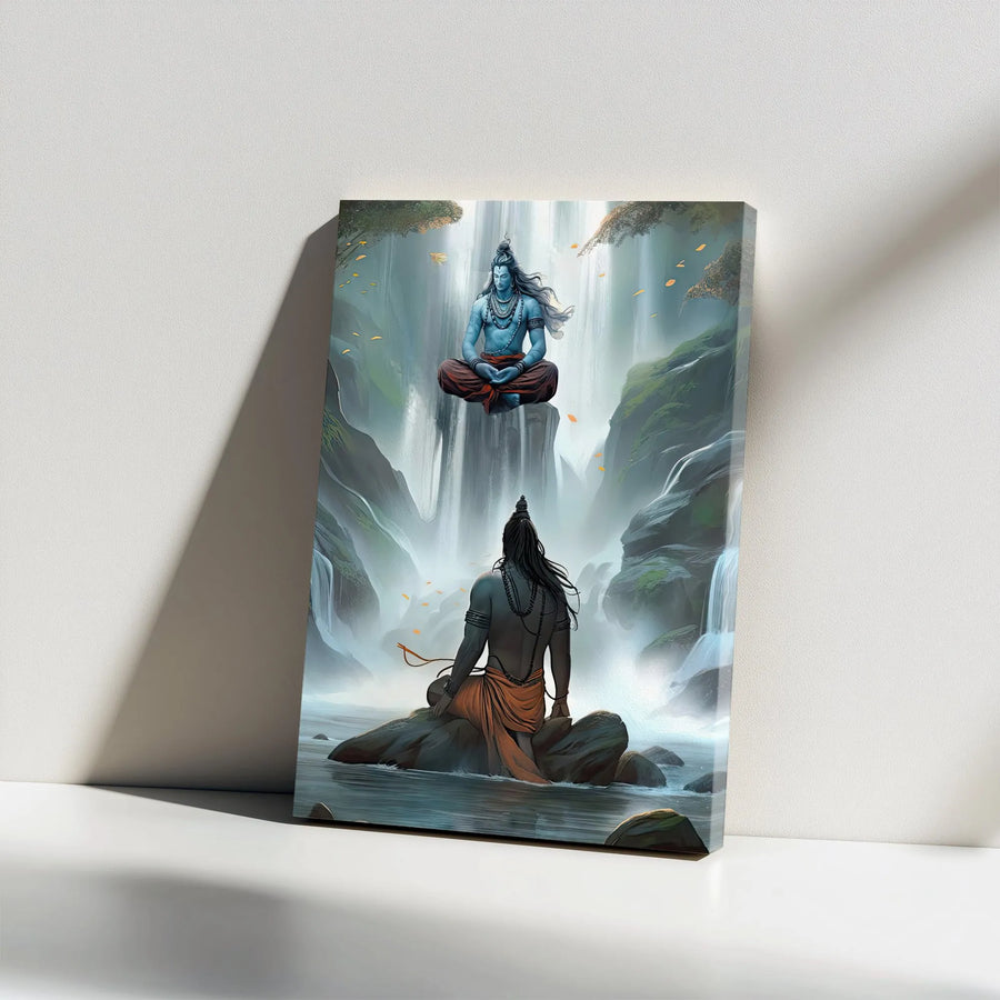 Lord Shiva Canvas Wall Art | Meditating Adiyogi at Waterfall | Premium Gallery Wrapped Canvas | Spiritual Hindu Home Decor Gift for Yoga Studio
