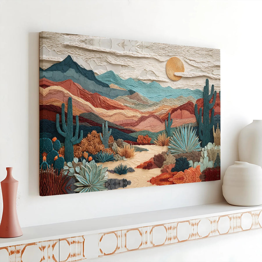 Southwestern Desert Landscape Canvas Art | Textured Boho Mountain Cactus Print | Premium 1.25" Gallery Wrap | Modern Home Decor Wall Hanging