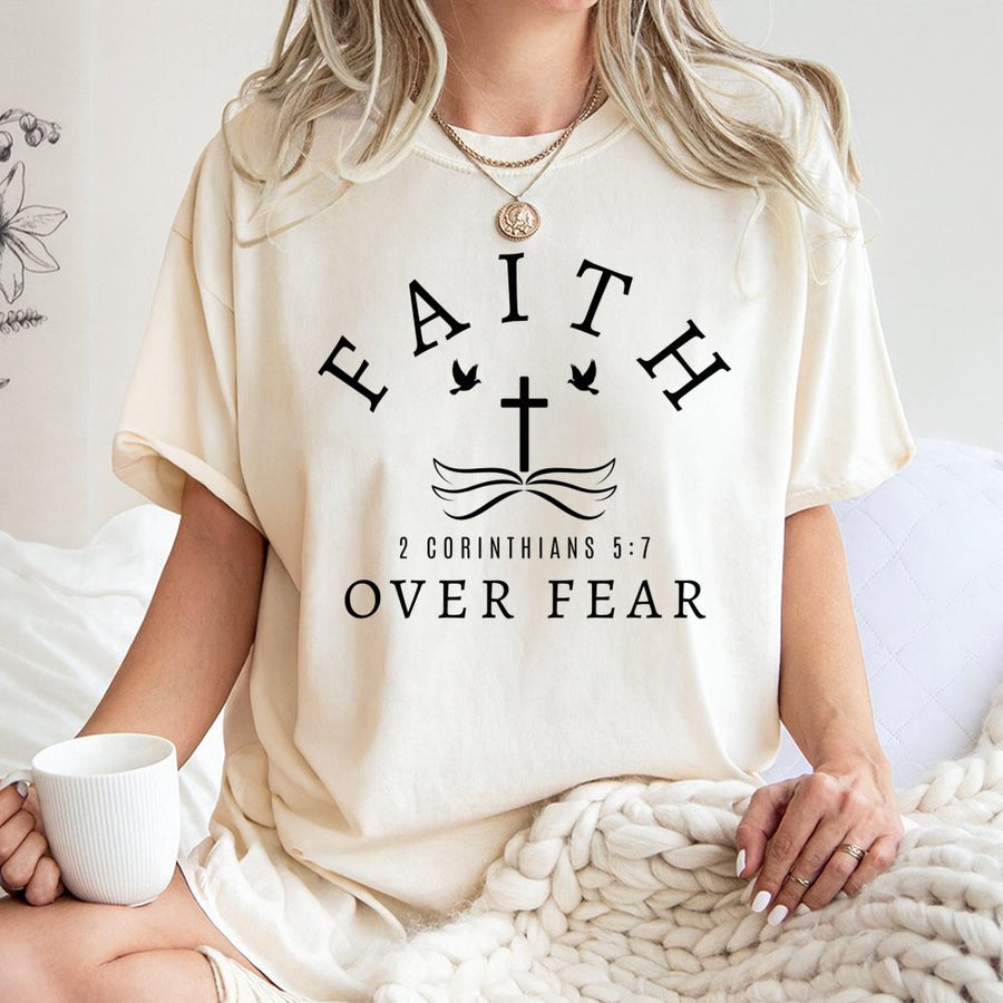 Faith Over Fear Bible Verse T-Shirt | 2 Corinthians 5:7 Christian Graphic | Premium Soft Cotton | Inspirational Religious Gift For Men And Women