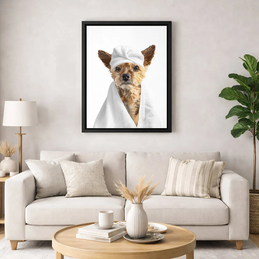 Dog Spa Wall Art | Cute Terrier in Towel Turban | Premium Gallery Canvas | Whimsical Bathroom Decor Gift for Dog Lovers