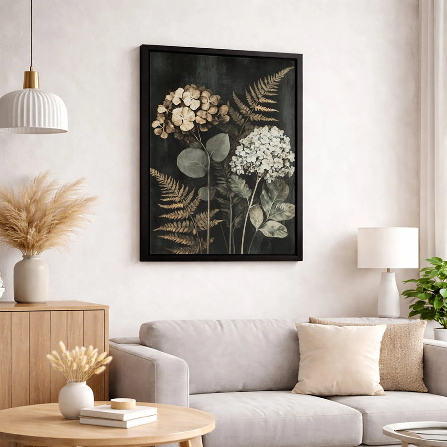 Dark Botanical Wall Art | Moody Hydrangea and Fern Canvas | Premium 1.25" Gallery Profile | Elegant Floral Home Decor
