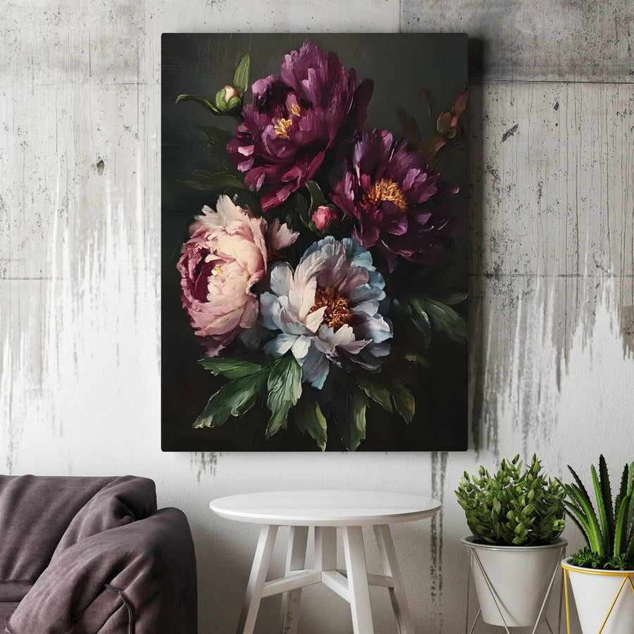 Moody Peony Canvas Wall Art | Vintage Botanical Oil Painting Print | Premium Thick Gallery Wrap | Living Room & Bedroom Home Decor Gift