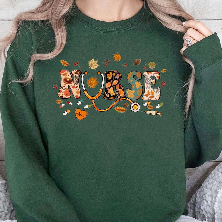 Nurse Sweatshirt | Autumn Leaves Stethoscope Design | Cotton-Poly Blend | Cute Fall Medical Gift for Registered Nurses and Nursing Students