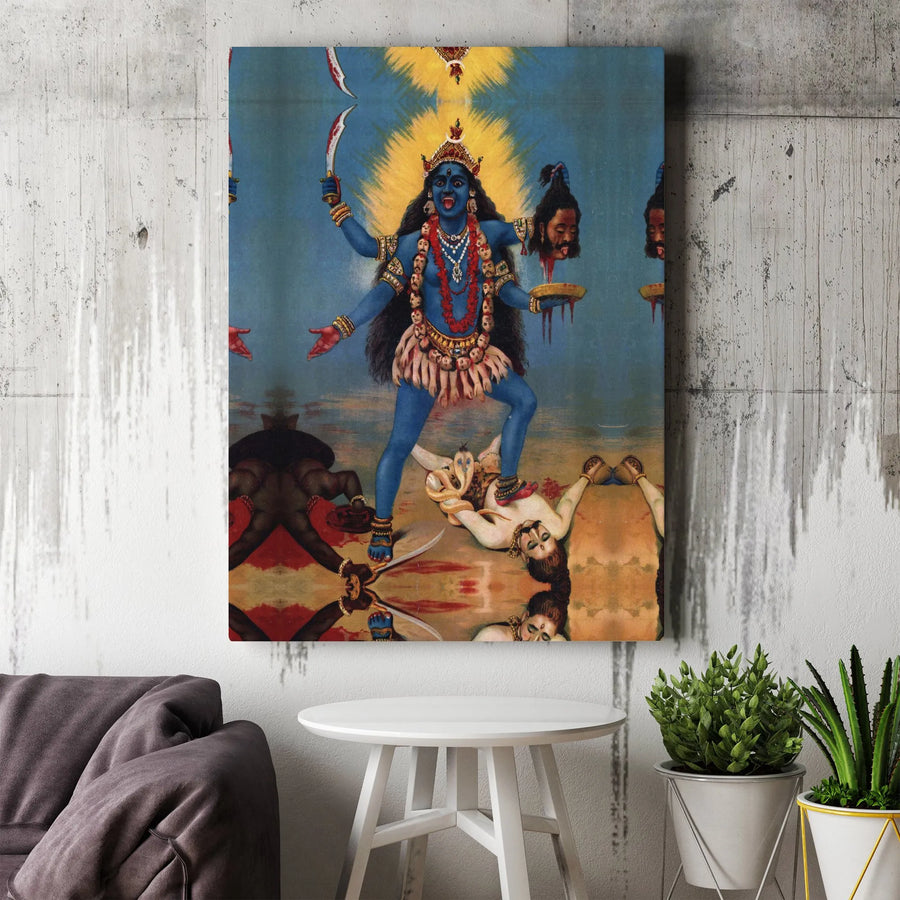 Hindu Goddess Kali Wall Art | Vintage Indian Mythological Painting | Premium 1.25-Inch Gallery Wrapped Canvas | Spiritual Home Decor Gift