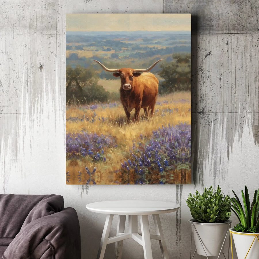 Texas Longhorn Canvas Wall Art | Vintage Bluebonnet Field Oil Painting | Premium Thick Gallery Wrap | Southwestern Farmhouse Decor Gift