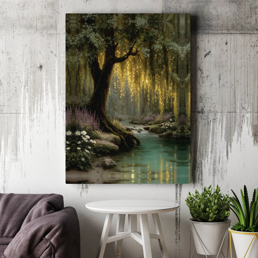 Enchanted Forest Canvas Art | Glowing Weeping Willow and Stream Landscape | Premium Fade-Resistant Print | Whimsical Nature Home Decor Gift