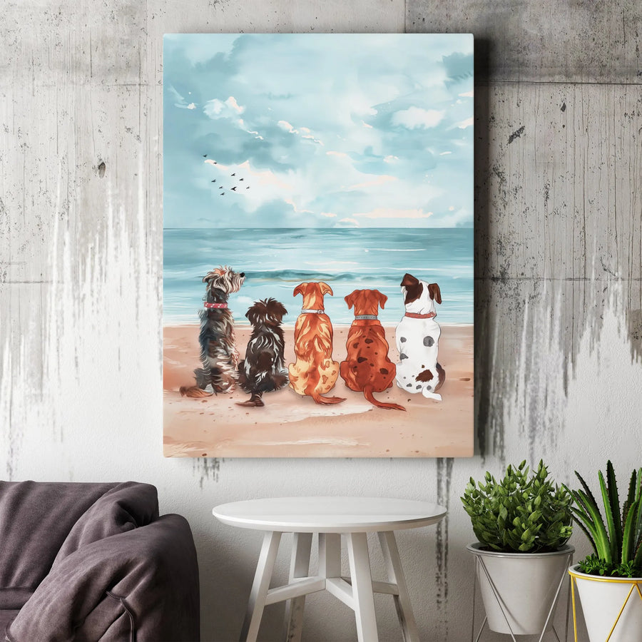 Watercolor Dogs on Beach Vertical Canvas | Collector's Pet Seascape Print | Premium Gallery Wrapped Wall Art | Gift for Dog Lover & Coastal Home Decor