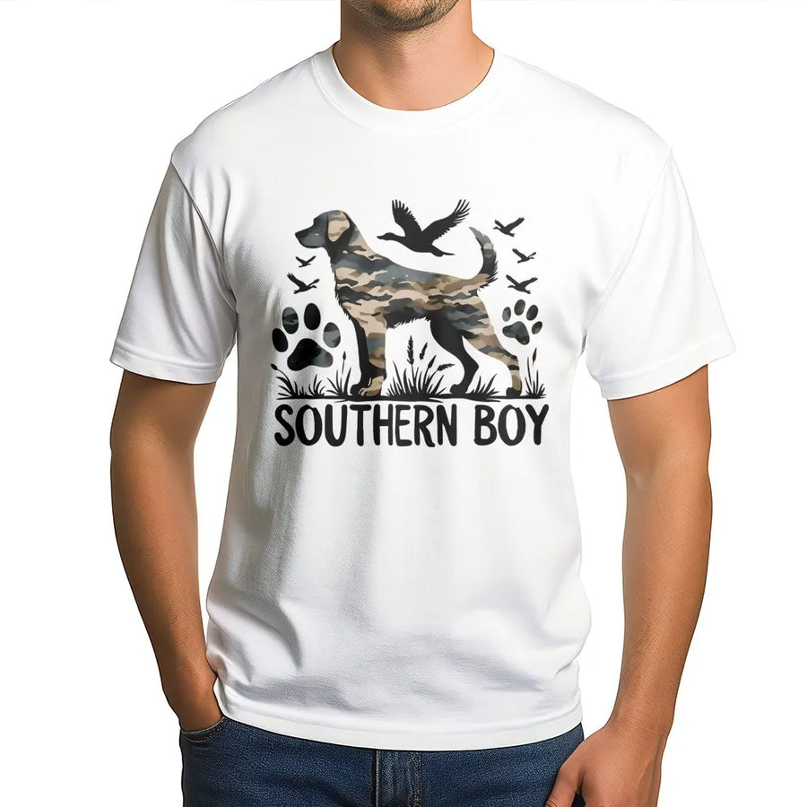 Southern Boy Dog Hunting T-Shirt | Camo Retriever Graphic | 100% Cotton Premium Tee | Gift for Hunter & Outdoorsman