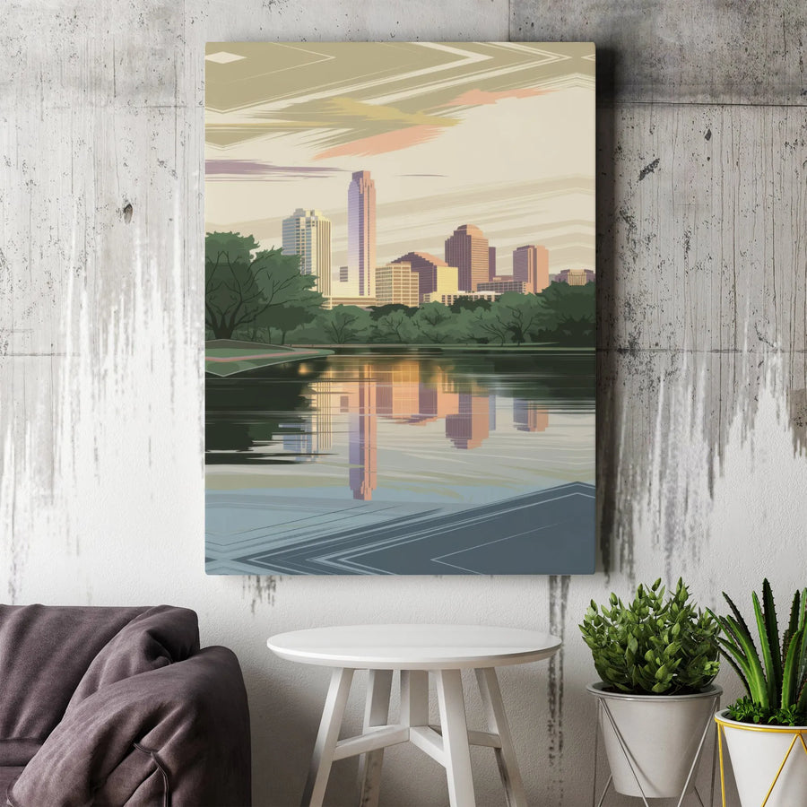 Austin Texas Skyline Canvas | Vintage Modern Lake Reflection Art | Gallery Wrapped Premium Wall Decor | Cityscape Travel Gift for Home Office