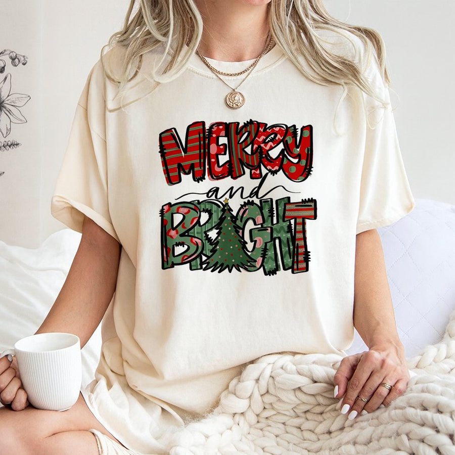 Merry and Bright T-Shirt | Festive Plaid Christmas Tree Design | 100% Premium Soft Cotton | Holiday Gift for Women and Men