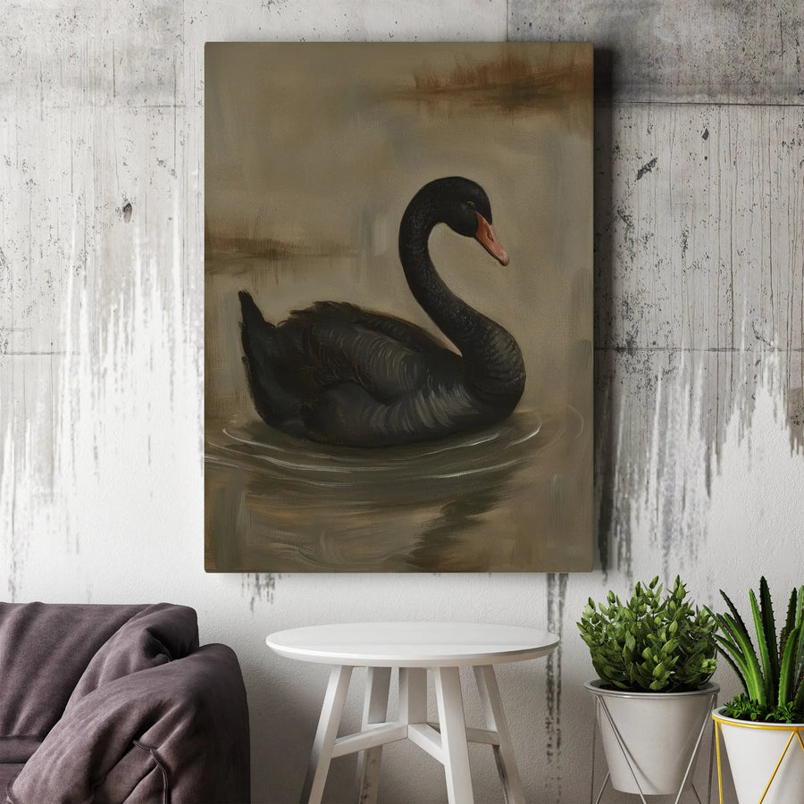 Black Swan Wall Art | Moody Oil Painting Style Canvas | Premium Gallery Wrapped Decor | Elegant Wildlife Home Decor Gift
