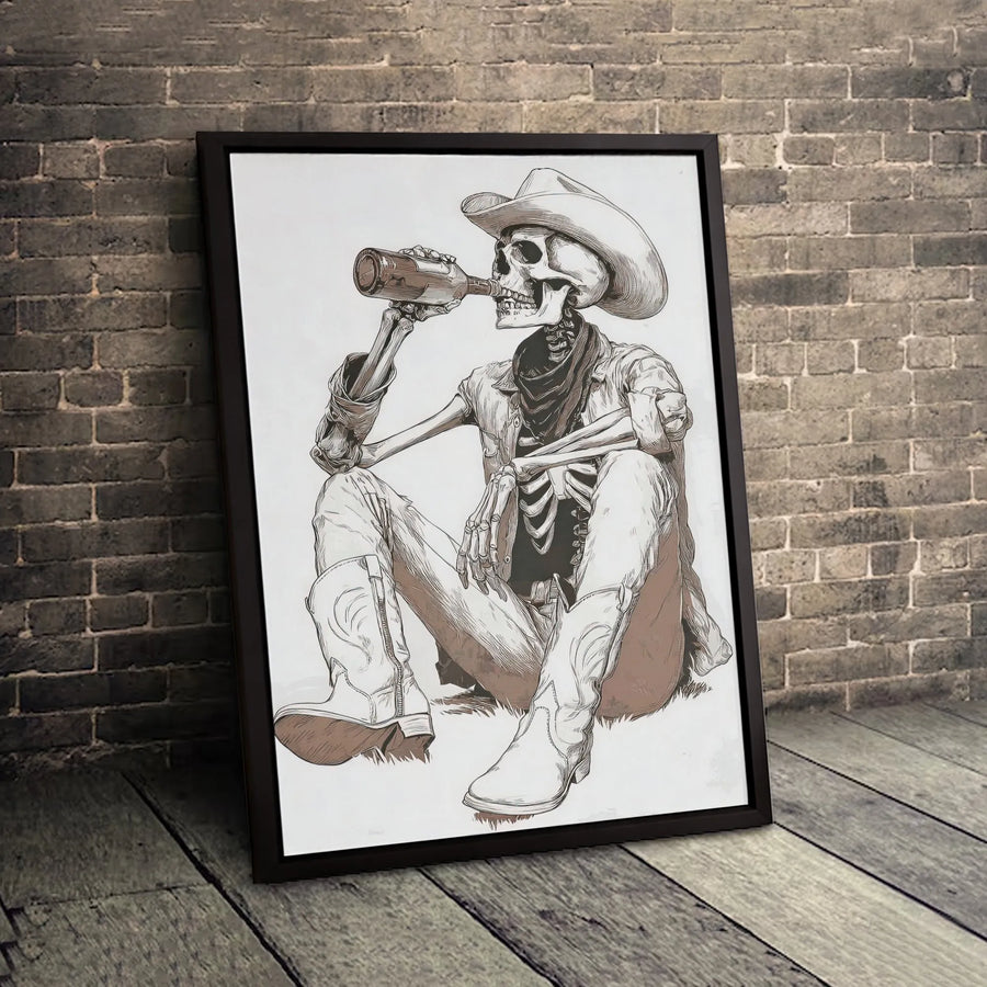 Cowboy Skeleton Canvas Art | Western Drinking Skull Wall Decor | Premium Fade-Resistant Print | Rustic Bar & Man Cave Gift