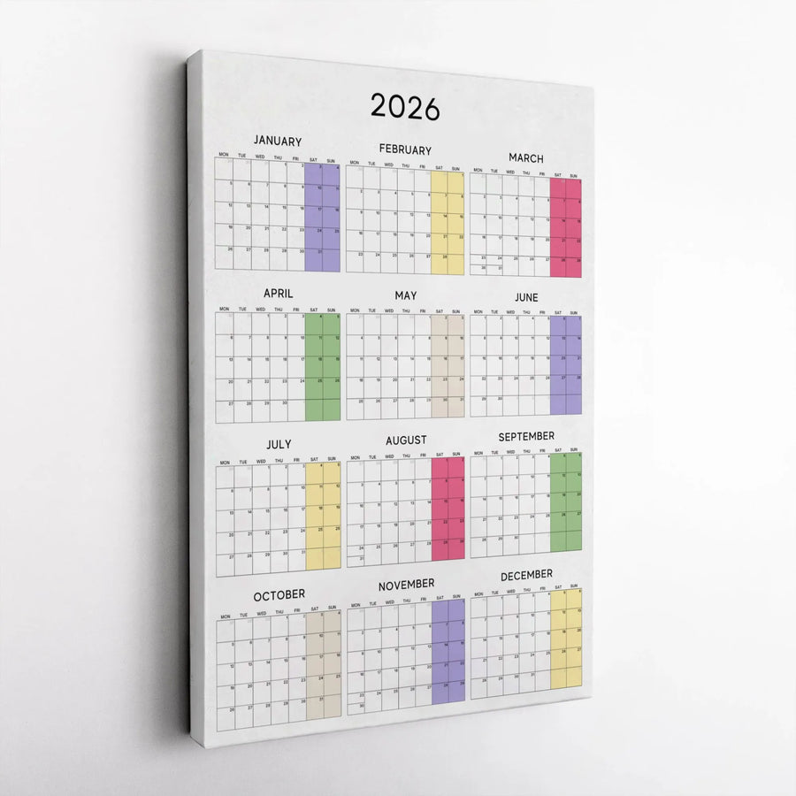 2026 Yearly Calendar Canvas Print | Minimalist Color-Coded Wall Art | Premium Gallery Wrap Decor | Ready to Hang Office Gift