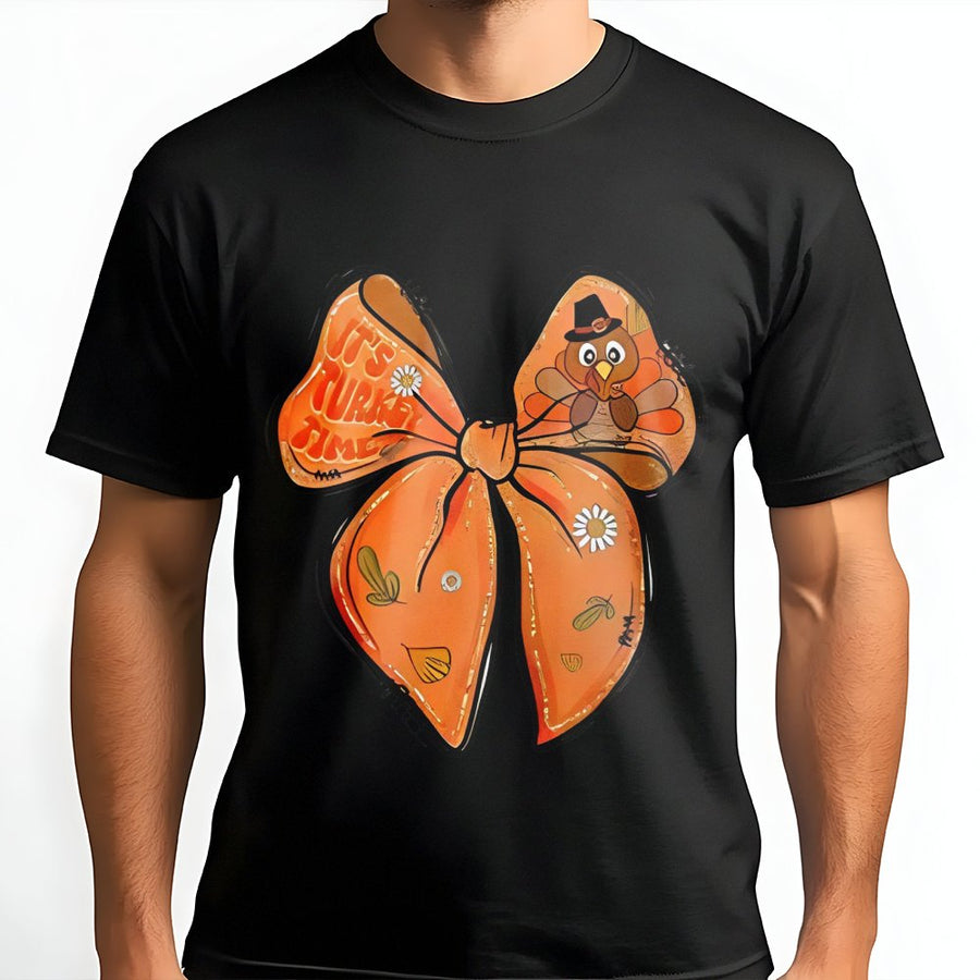 Thanksgiving Turkey T-Shirt | Boho Bow Graphic With Its Turkey Time Text | Premium Soft Cotton | Festive Fall Outfit Gift For Women
