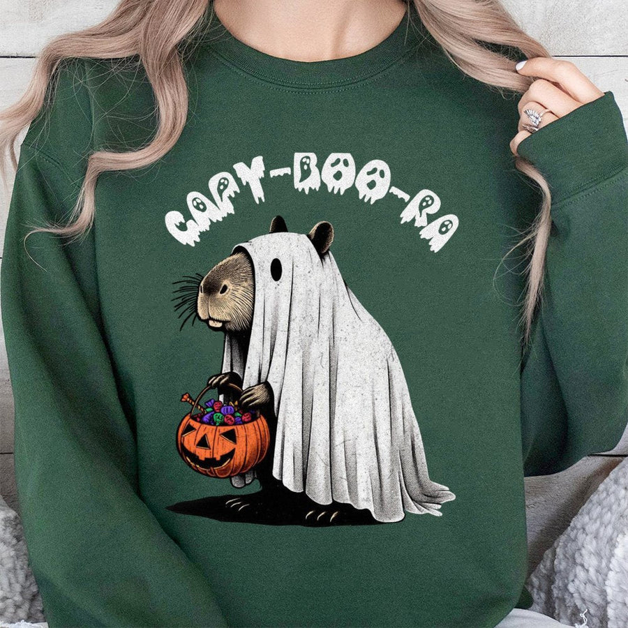 Capybara Ghost Sweatshirt | Funny Cappy-Boo-Ra Halloween Graphic | Premium Cotton Blend Crewneck | Spooky Season Gift For Animal Lovers