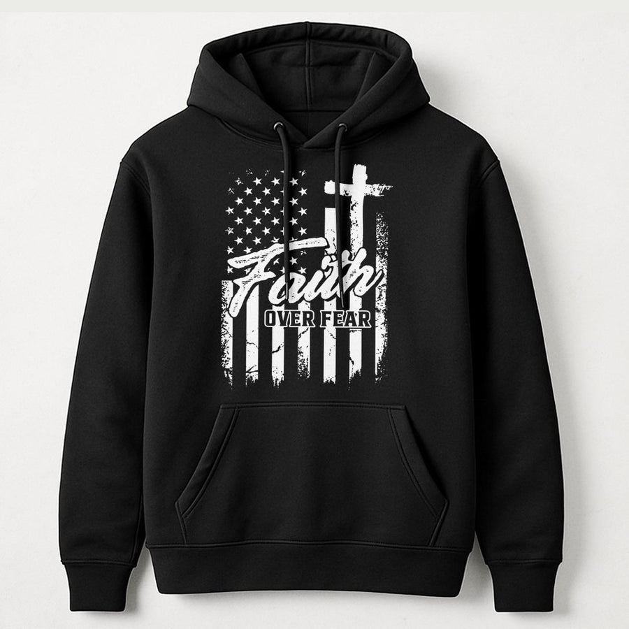 Faith Over Fear Hoodie | American Flag Christian Cross Graphic | Premium Cotton Blend | Patriotic Gift for Men and Women