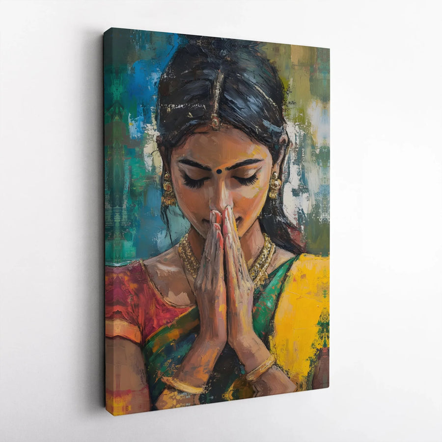 Indian Woman Canvas Print | Abstract Portrait in Namaste Pose | Premium Gallery Wrap Canvas | Spiritual South Asian Home Decor Gift