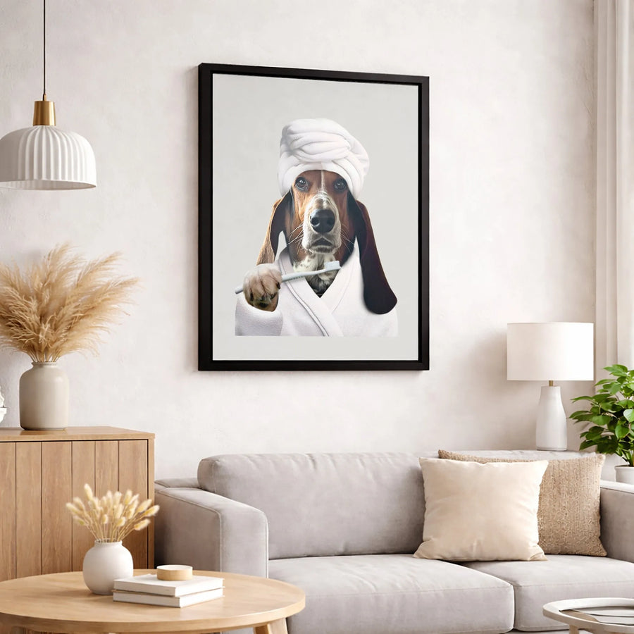 Basset Hound Wall Art | Funny Dog in Bathrobe with Toothbrush | Premium 1.25" Gallery Wrap Canvas | Unique Bathroom Decor Gift for Dog Lovers