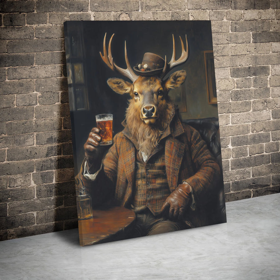 Gentleman Stag Canvas Print | Anthropomorphic Deer Drinking Beer Wall Art | 1.25-Inch Gallery Wrap Decor | Rustic Man Cave Home Gift