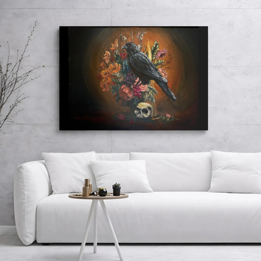 Gothic Crow Skull Canvas Wall Art | Dark Academia Floral Still Life | Premium Gallery Wrap Print | Spooky Home Decor for Office or Living Room