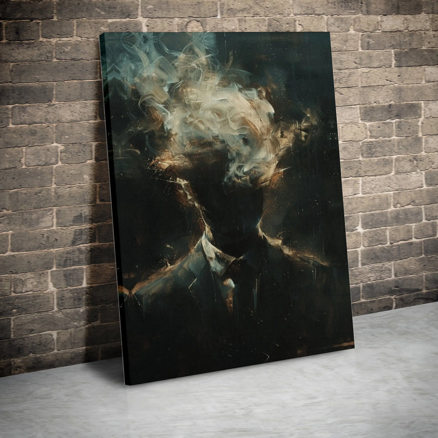 Abstract Man in Suit Canvas Wall Art | Surreal Smoke Silhouette Portrait | Premium Gallery Wrapped Print | Modern Office & Home Decor Gift