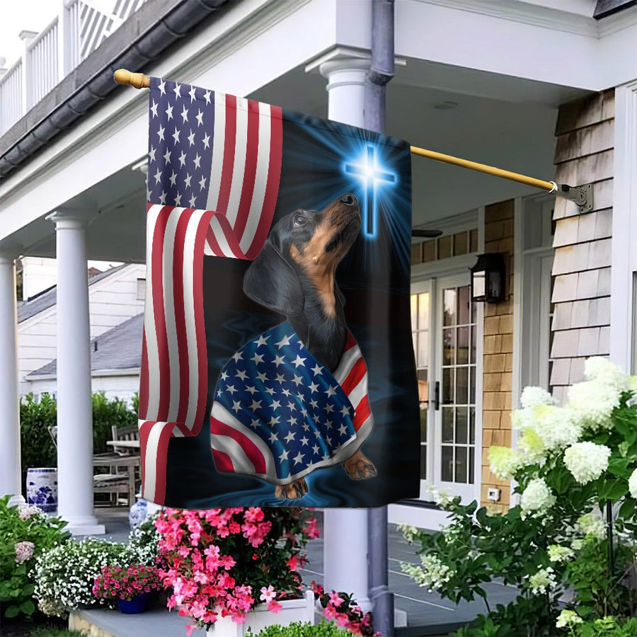 Dachshund Garden Flag | Patriotic American Flag & Christian Cross Design | Premium Fade-Resistant Polyester | Gift for Dog Lovers & Veterans
