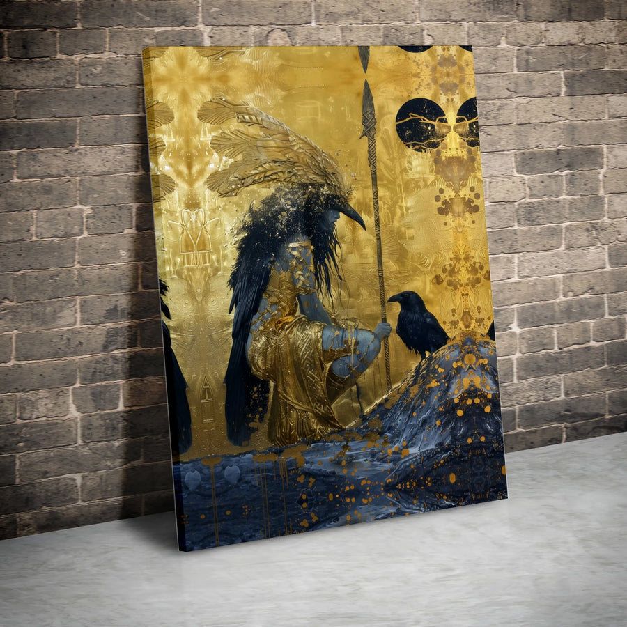 Golden Raven Warrior Canvas Art | Mythical Bird Fantasy Print | Premium Gallery Wrapped Wall Decor | Gothic Home Office Wall Art Gift