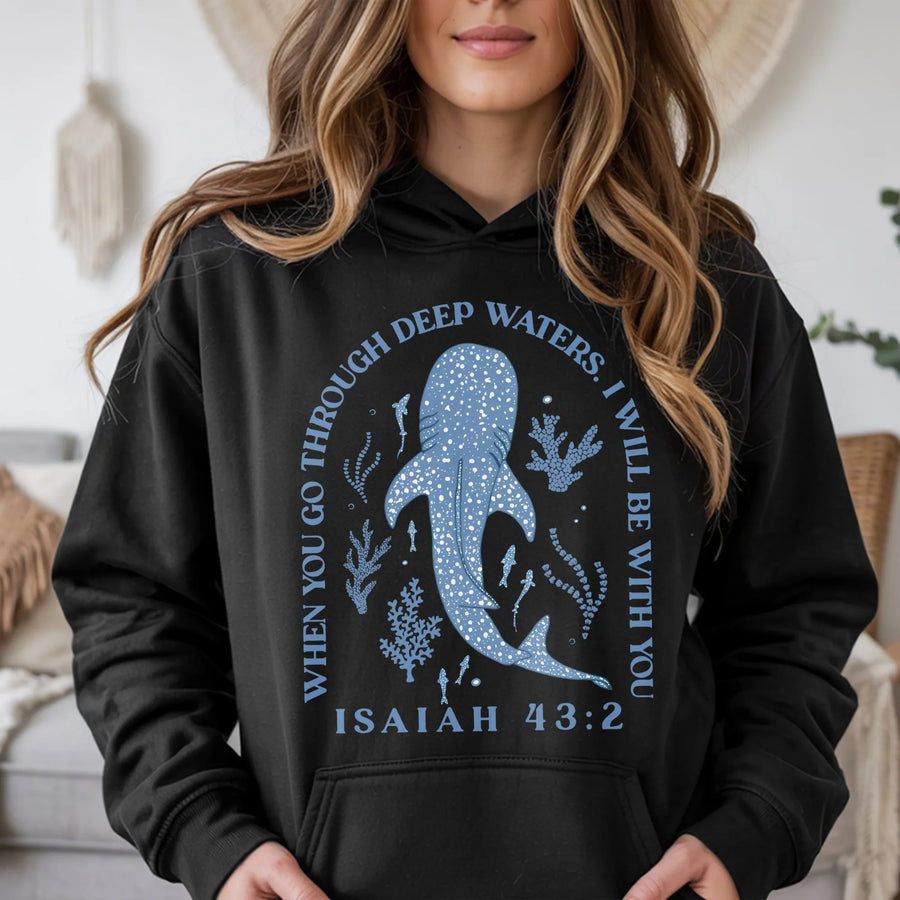Whale Shark Hoodie | Isaiah 43:2 Bible Verse Graphic | Premium Cotton Blend | Christian Faith Gift for Ocean Lovers