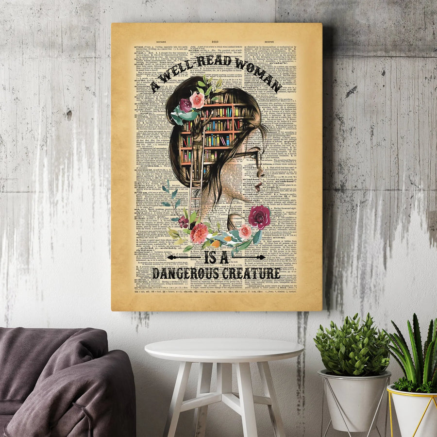 Well Read Woman Wall Art | Bookshelf Hair Dictionary Print | Premium 1.25-Inch Framed Canvas | Literary Decor Gift for Book Lovers
