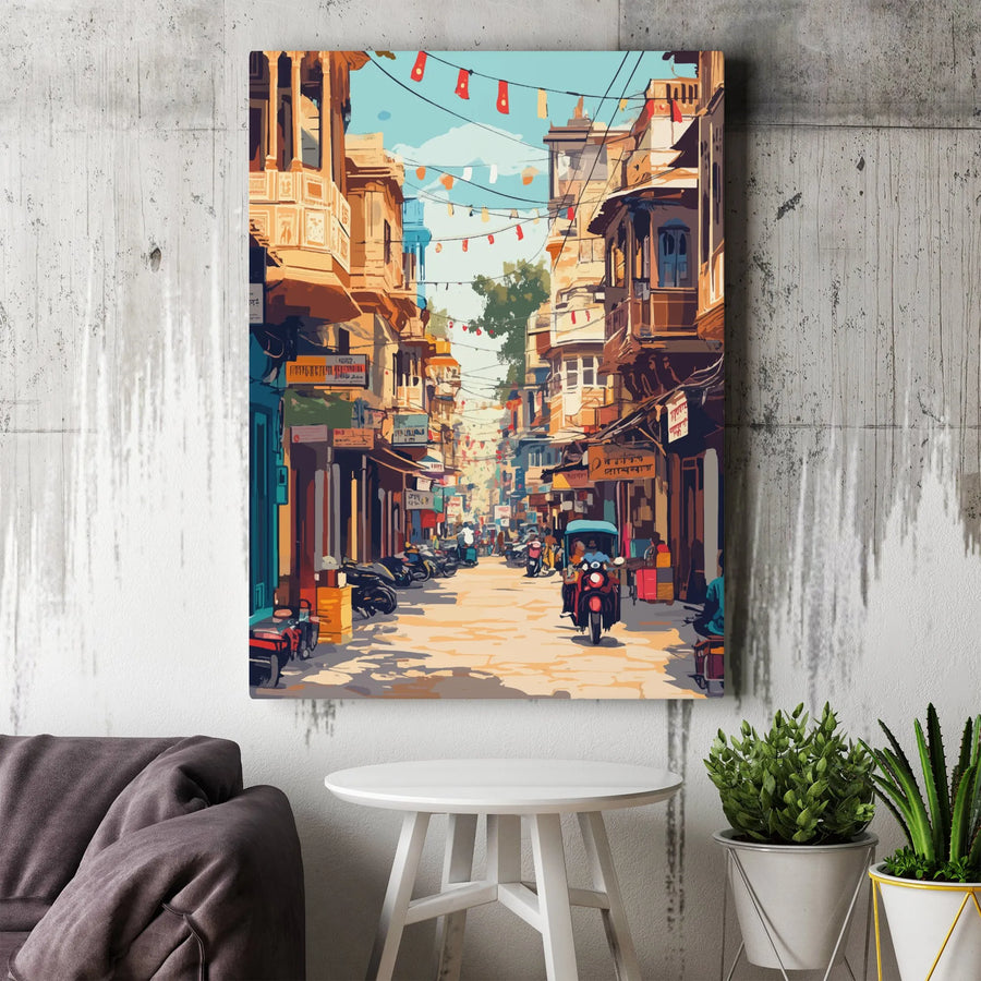 Indian City Market Canvas Print | Vibrant Street Scene Illustration | Premium Frameless Wall Art | Unique Travel Art for Living Room Decor