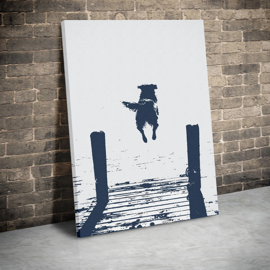 Dog Jumping Off Dock Canvas Print | Minimalist Silhouette Wall Art | 1.25" Premium Gallery Wrapped | Coastal Dog Lover Home Decor Gift