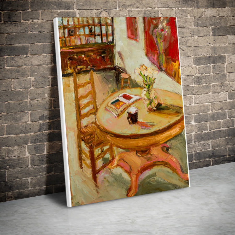 Impressionist Still Life Vertical Canvas | Vintage Book and Flower Vase Painting | Premium Gallery Wrapped Canvas | Library Wall Decor Gift for Book Lover