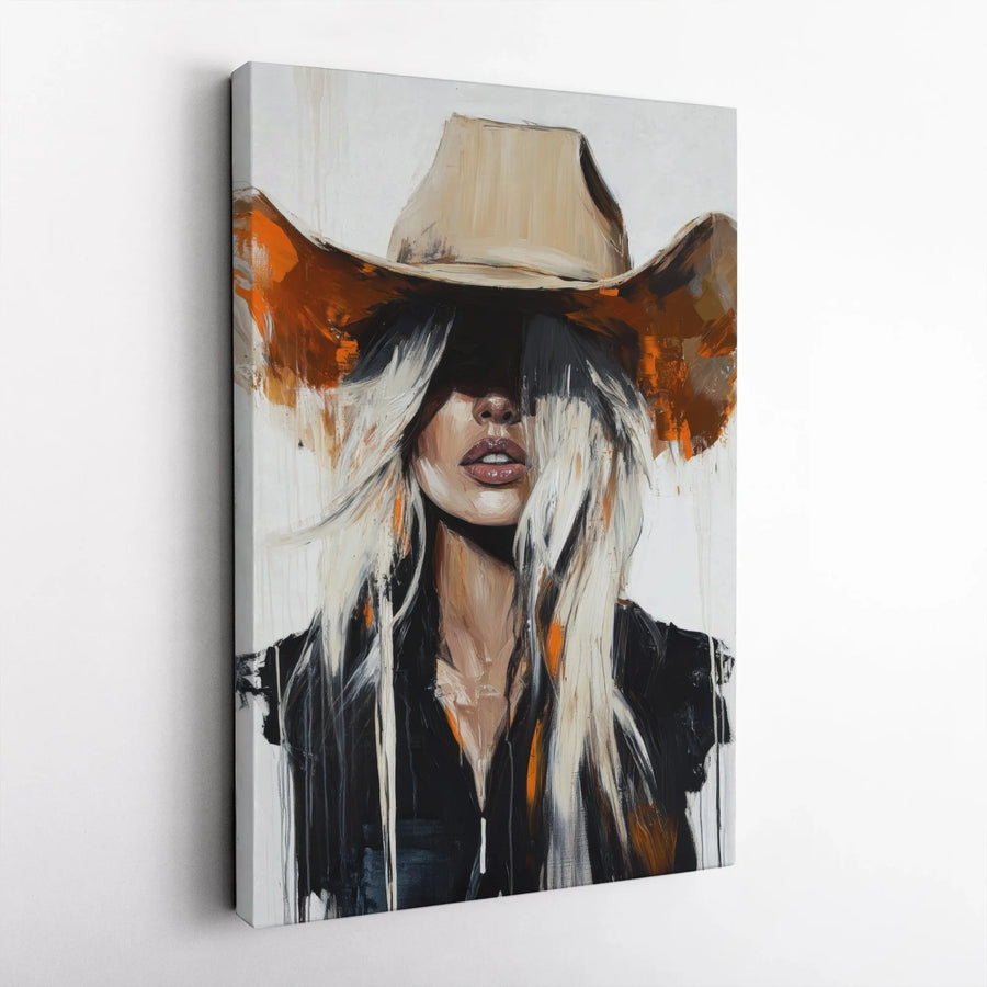 Cowgirl Wall Art | Abstract Blonde Woman in Hat Oil Painting Style | 1.25 inch Gallery Wrapped Canvas | Western Boho Home Decor Gift