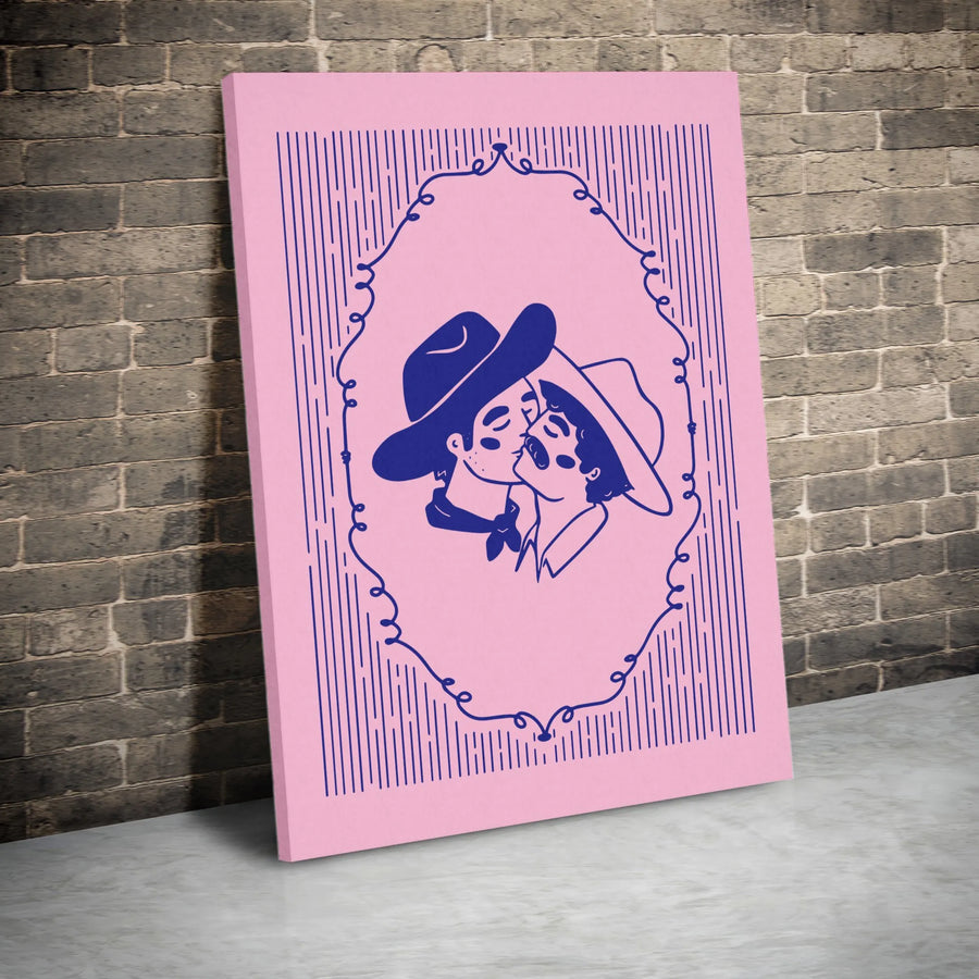 Kissing Cowboys Wall Art | Retro Western Minimalist Print | Premium Gallery Wrapped Canvas | Gay Pride Gift for Couples