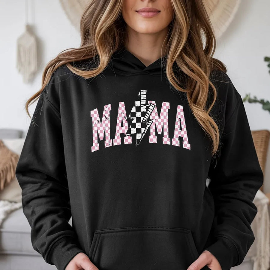Retro Mama Hoodie | Checkerboard Lightning Bolt Varsity Graphic | Soft Cotton Blend | Mothers Day Gift for New Mom