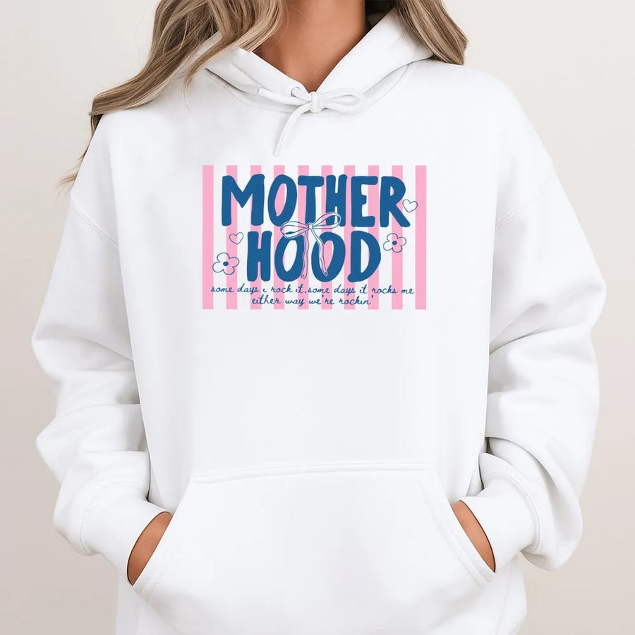 Motherhood Hoodie for Women | Retro Striped Graphic Print | Premium Soft Cotton Blend | Trendy Mama Gift, Cool Mom Club Apparel
