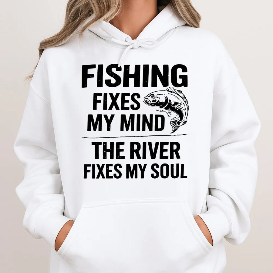 Funny Fishing Hoodie | Fishing Fixes My Mind River Fixes My Soul | Soft Cotton Blend Pullover | Unique Gift for Fisherman