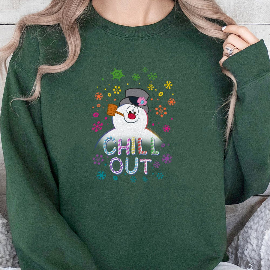 Chill Out Snowman Sweatshirt | Colorful Winter Snowflake Graphic | Premium Cotton Blend | Funny Christmas Holiday Gift for Adults