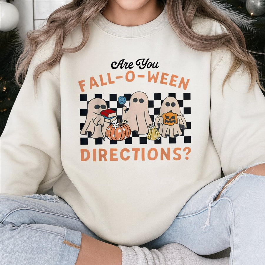 Are You Fall-O-Ween Directions Sweatshirt | Retro Ghost Pumpkin Graphic | Soft Cotton Polyester Blend | Funny Teacher Halloween Gift