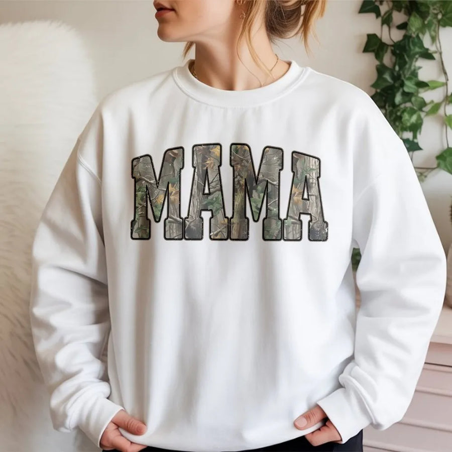 Camo Mama Sweatshirt | Forest Print Varsity Font Graphic | Premium Cotton Blend Unisex Crewneck | Outdoorsy Mom Gift For Her