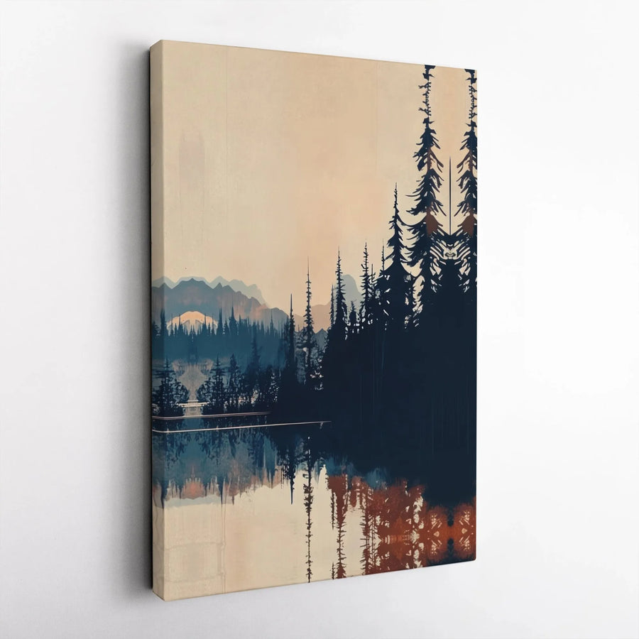 Mountain Forest Canvas Wall Art | Abstract Pine Trees and Lake Reflection | Premium Gallery Wrapped Canvas | Modern Rustic Home Decor Gift