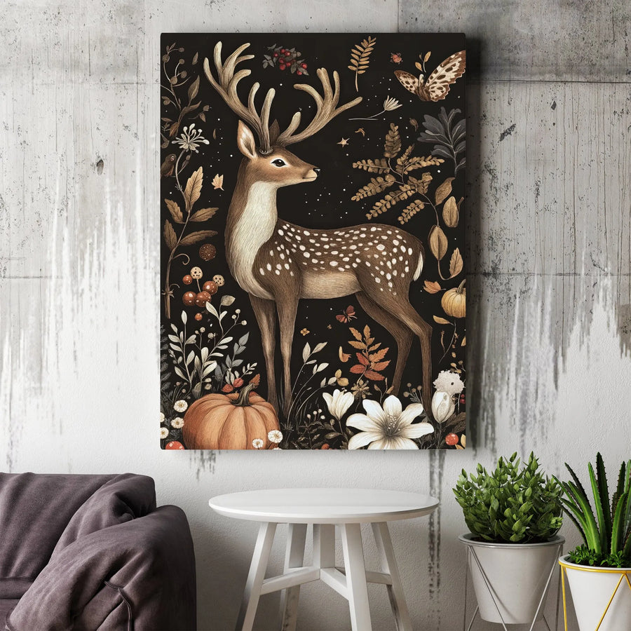 Woodland Deer Vertical Canvas | Vintage Autumn Botanical Print | Premium Gallery Wrapped Wall Art | Rustic Farmhouse Decor Gift
