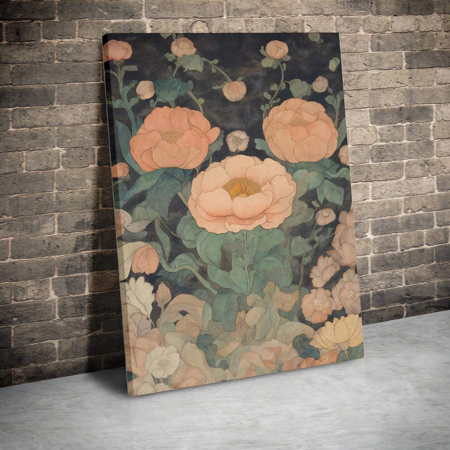 Vintage Floral Peony Canvas Wall Art | Muted Peach and Sage Botanical Print | Premium Gallery Wrap Decor | Nature-Inspired Home Gift