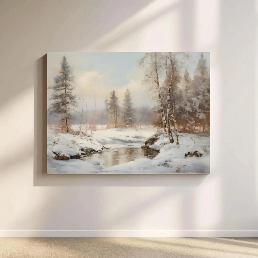 Winter Forest Canvas Print | Serene Snowy Creek Landscape | Gallery Wrapped Premium Wall Art | Peaceful Nature Decor for Home and Office
